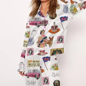 Queen Elizabeth II Vintage Pajama Set For Women Print Comfy Silk Sleepwear & Loungewear Pjs Printing Silky Short Sleeve Top & Shorts  PATTS11