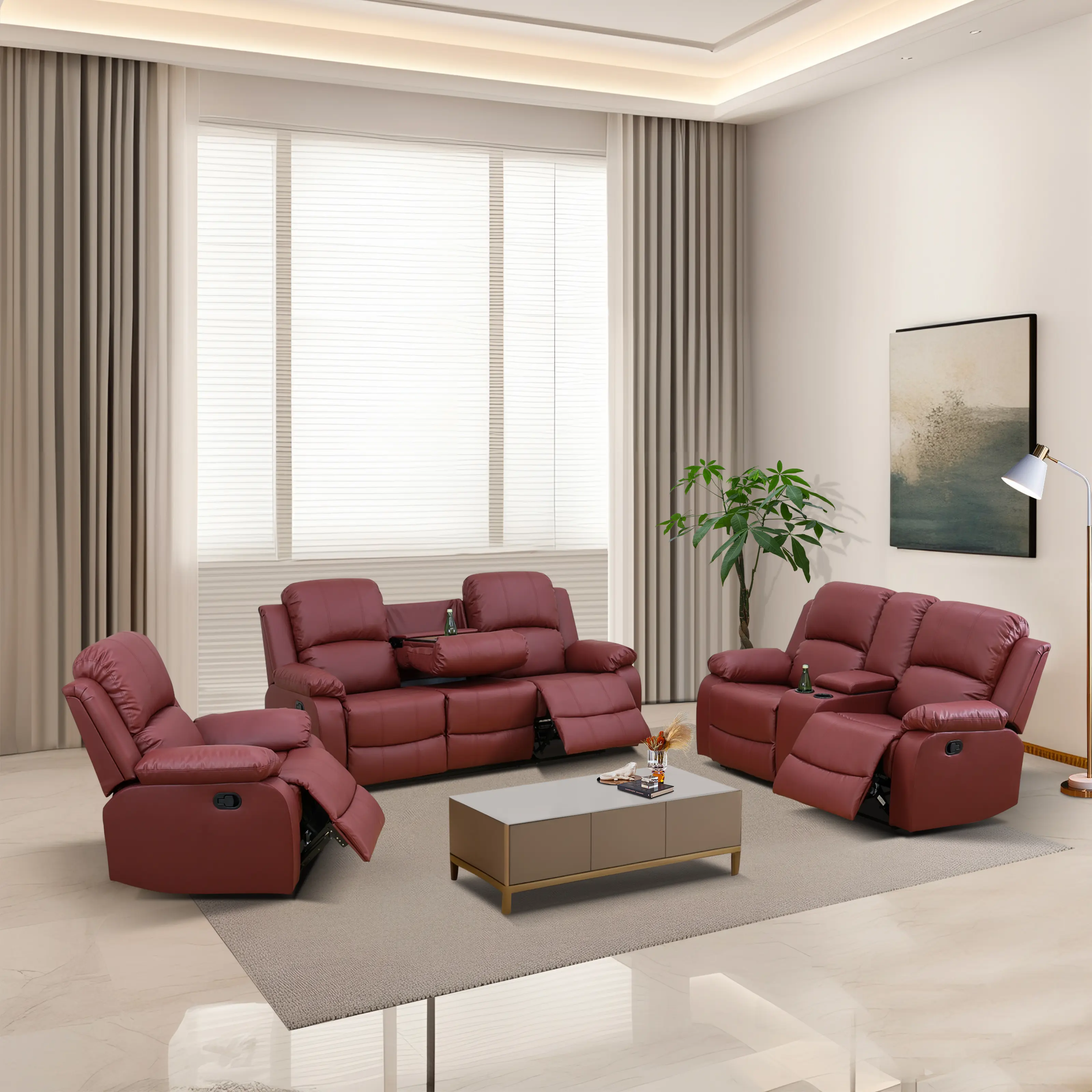 Red Semi PU-PVC 3-Piece Sofa Set, Modern Comfy Couch with Ample Seating, Easy to Maintain Indoor Furniture, Ideal for Everyday Use to Add Elegance to Your Living Space