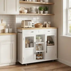 Mobile Kitchen Island Cart with Wheels, 2 Glass Doors and Spice Rack, Towel Holder and Trash Storage Cabinet, for Small Kitchens Dining Rooms, White