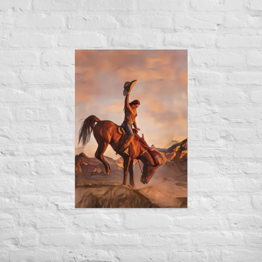 Bucking Cowgirl Sunset Desert Wall Art Print – Southwestern Rodeo Western Terracotta Decor, Warm Natural Earthy Tone