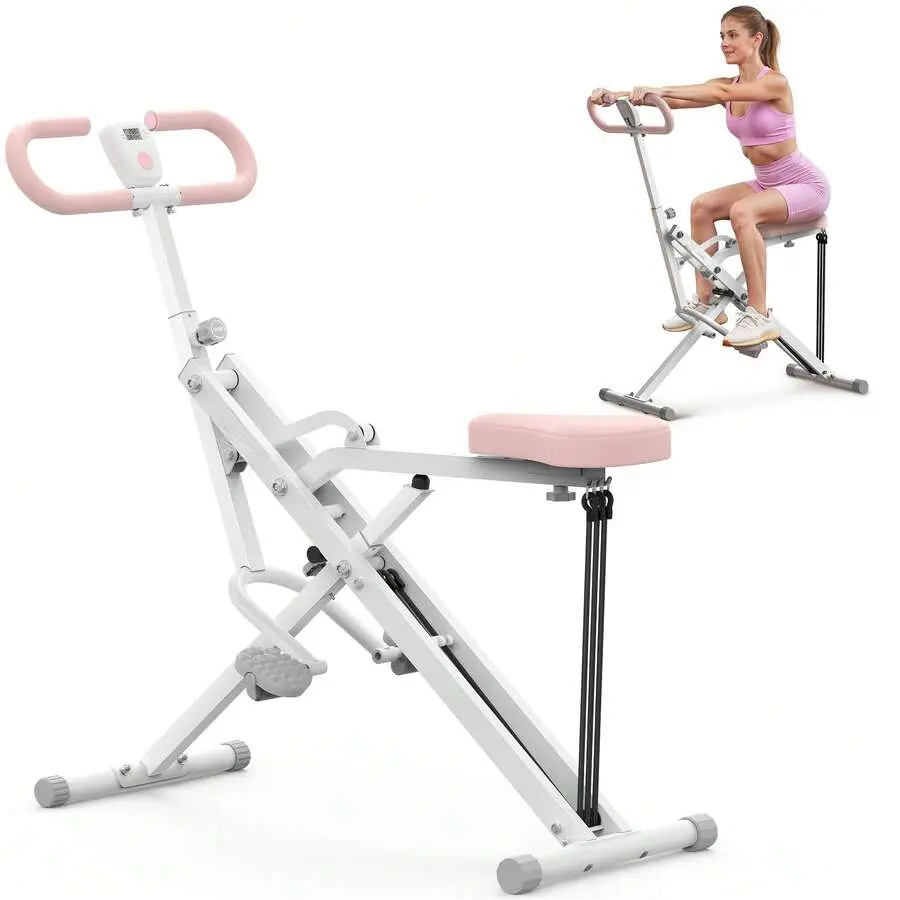2-in-1 Squat Rowing Machine - Foldable Compact At-Home Fitness Equipment, Enhanced Steel Construction, Aluminum Alloy Build, Portable Padded Seat, LCD Display, 3 Resistance Bands, Adjustable Rows, Versatile Grip Positions