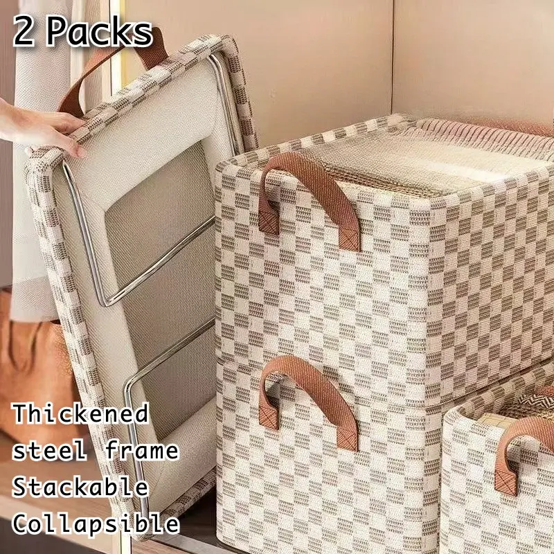 2 Packs Linen Thickened Closet Organizer Storage Bin with Thickened Steel Frame 47x28x20cm, Modular Closet Organizer Bins, Aesthetic, Minimalist, Decorative, Folding Fabric Storage Cubes Clothes Box for Sweater Pants Clothing, 26L Beige