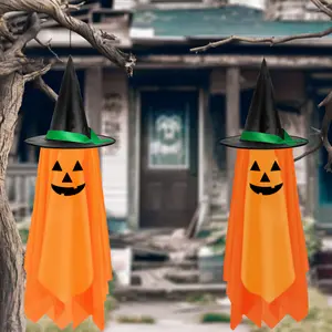 Halloween Hanging Ghost Decorations - 1 Pack Fabric Pumpkin Lanterns with Witch Hats, No Electricity Needed, Party Supplies for Garden, Tree, Home Decor