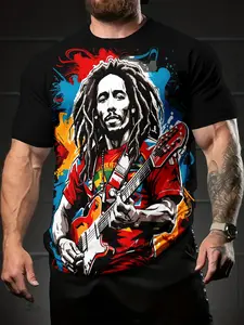 Men's Rasta Style Guitarist Pattern T-Shirt, Breathable Summer Short Sleeve Digital Print Casual Round Neck Top, Music Festivals & Daily Wear