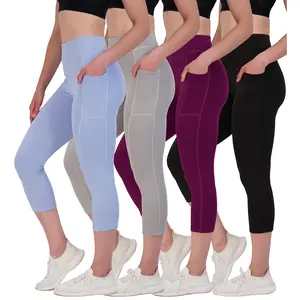 Real Essentials 4 Pack: Women's Capri Leggings with Pockets Casual Yoga Workout Exercise Pants (Available in Plus Size)