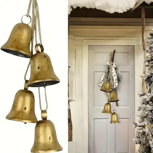Vintage-Style Christmas Bell Set, 4pcs Metal Bells with Rope, Perfect for Tree, Wreath, Home Decor, Rustic Charm, Hanging Ornament