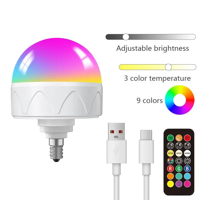 3w Rechargeable LED Bulb E12 with Magnetic Installation, 1800k to 6000k RGB Color Options, Remote Control Timer for Multi-Scene Use