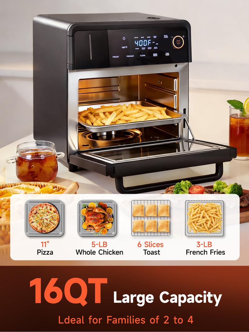OUNIN Combi Steam Oven Countertop 16QT Capacity 11-in-1 Air Fryer Toaster Oven Combo with Bake, Steam, Roast, Dehydrate, Dual Cook, 90–430°F, Stainless Steel