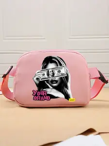 Women's Nylon Crossbody Bag - Money Girl "Your Brand" Pink Graffiti Print Mini Shoulder Bag with Adjustable Strap for Streetwear & Daily Use