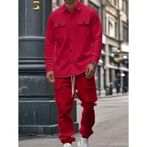 Men's Winter Fleece Lined Two-Piece Set, High-Quality Heavyweight Design, Button Front Shirt and Jogger Pants, Warm Comfortable