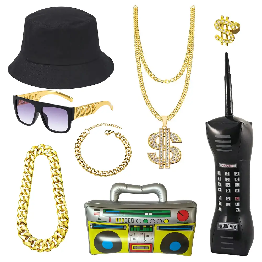 Unisex 8-Piece Retro Hip Hop Costume Kit - Handmade with Gold-Plated Faux Chain, Bucket Hat, Inflatable Boom Box, Frame Glasses for 80s, 90s Dress Up, Music Parties & Outdoor Activities, Faux Gold Chain