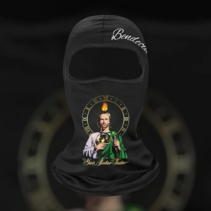 Bendecido Saint Jude Mask for Off Roading Black Design with Unique Pattern and Text Ideal for Outdoor Adventures