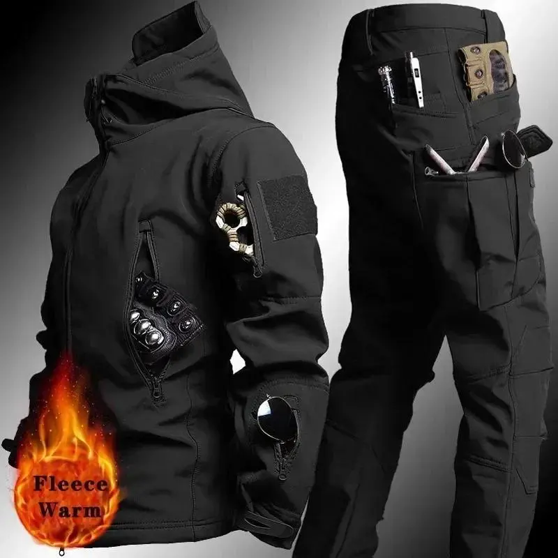 New Men's Long Sleeve Winter Tactical Fleece Set - Wind-resistant, Waterproof, Padded Camo Uniform with Uniform Pockets, Male Matching Activewear Set, Sports & Outdoor Outerwear Tops Pants