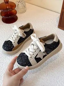 Glitter Star Sneakers, Sparkle Texture Star Decoration Soft Sole Comfortable Versatile Shoes for Kids