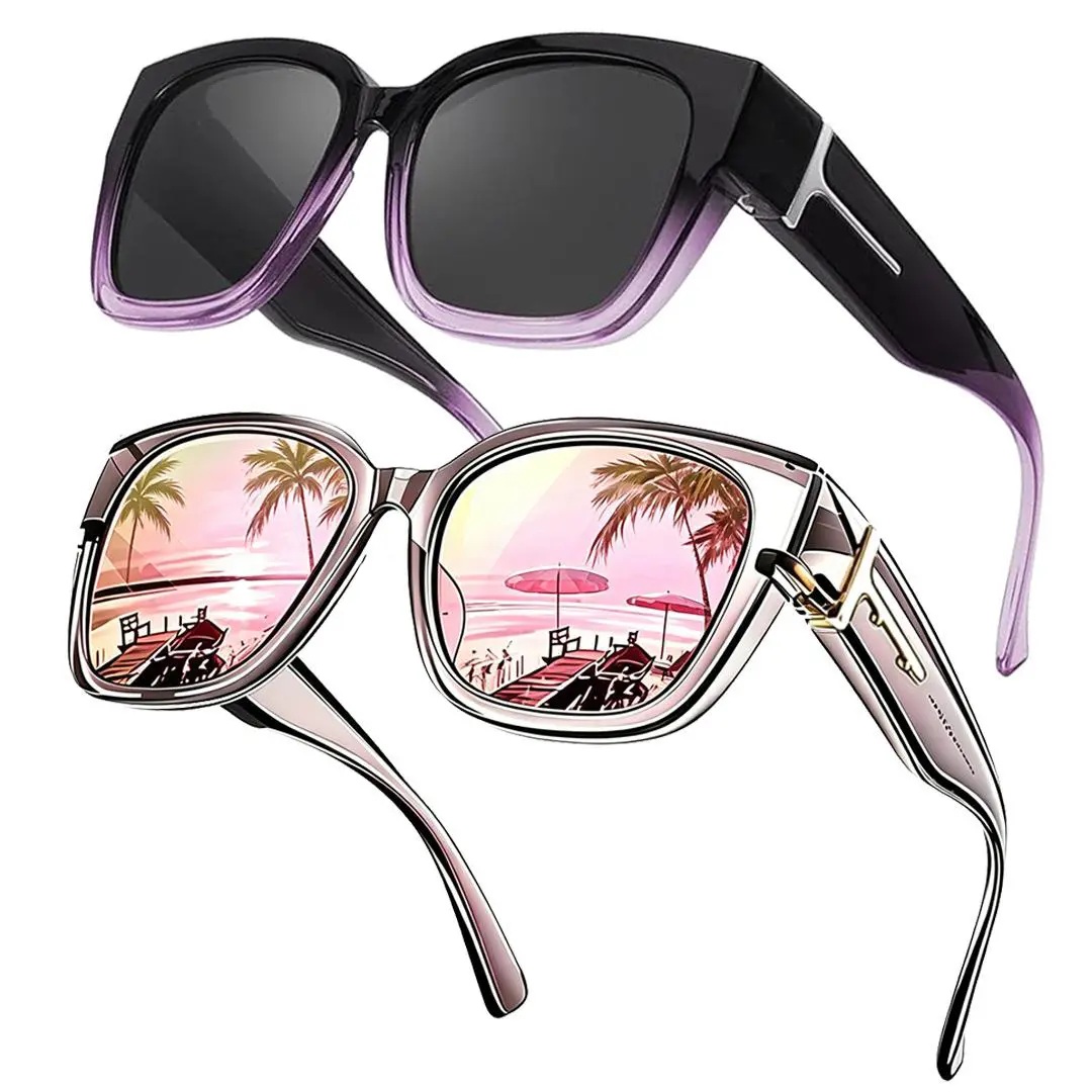 Women's Fit-Over Prescription Sunglasses - Oversized Square Full-Rim Plastic Frames Mirrored Polarized , UV400 Protection, Trendy Sunglasses, Unisex Fashion Accessory for Summer Wins, Accessories for Women The Choice of Gifts 1/2Pcs