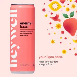Energy + Focus  Strawberry Lemon Sparkling Water Beverage With Adaptogens, Antioxidants, and Orgnaic Caffeine