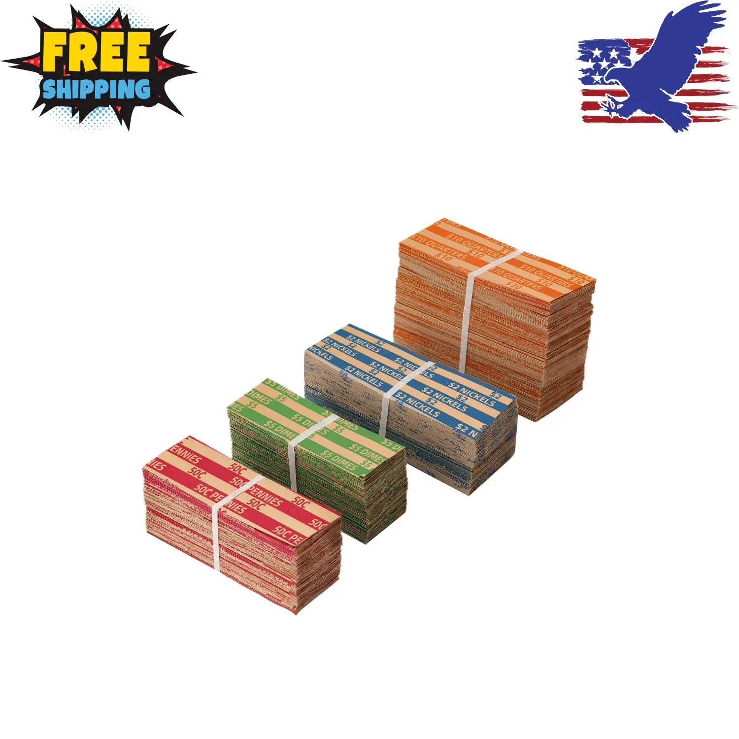 Coin Wrappers Assorted 500 Flat Stripped Coin Roll Wrappers
