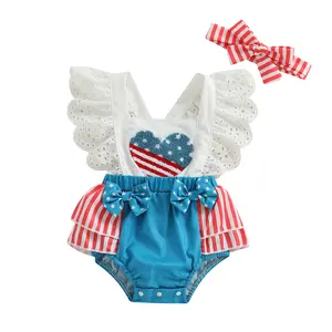 4th of July Baby Girl Bubble Romper Lace Fly Sleece Heart Embroidery Independence Day Memorial Day Onesie Bodysuit Jumpsuit