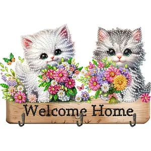 Dogs Cats Theme Wood 2D/Flat DIY Diamond Painting Hanging Hook Creative Handmade Gift for Various Occasions Diamond Art Painting Hook Kit for Wall Decoration and Space-Saving Storage