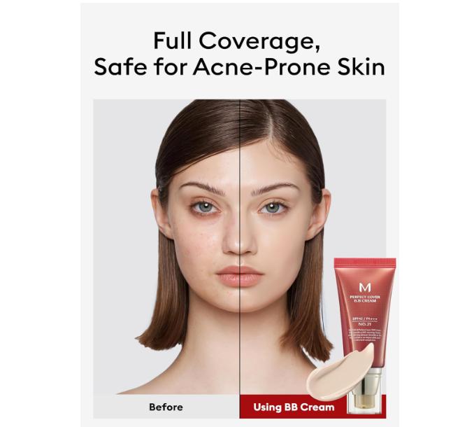 MISSHA M Perfect Cover BB Cream No.21 Light Beige - Light with Cool Undertone SPF 42 PA +++1.69 Fl Oz - Tinted Moisturizer for face with SPF
