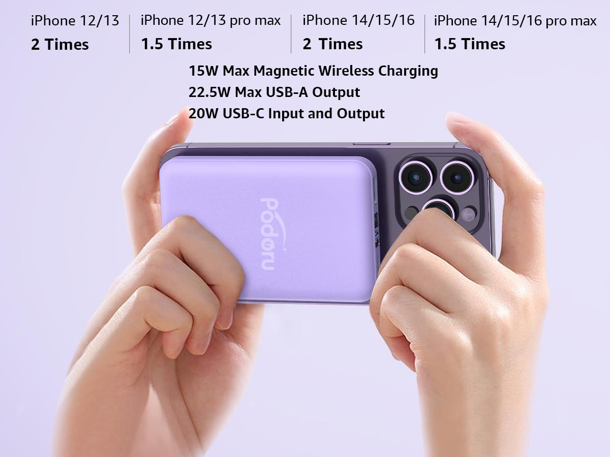 Podoru 10000mAh Magnetic Power Bank | 22.5W Fast Charging + 15W Wireless | Charge 3 Devices Simultaneously | LED Display | Portable Charger for iPhone & Android