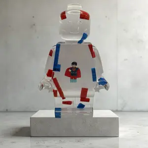 Red Blue Resin Robot 11" Tall Handmade Resin Figure - 1-of-1 Art Piece for Nursery & Office Decor