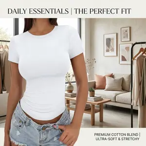 Women's Trendy Basic Crop T-Shirt - Short Sleeve Y2K Cute Summer Top Perfect for Gym Workout Casual Wear 2026 Fashion Style Comfortable Breathable Fabric Everyday Essential Clothing