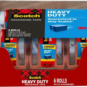 Scotch Heavy Duty Packaging Tape, 1.88" x 22.2 yd, Designed for Packing, Shipping and Mailing, Strong Seal on All Box Types, 1.5" Core, Clear, 6 Rolls with Dispenser (142-6)