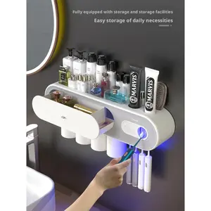 Wall-Mounted Toothbrush Holder No-Drill Creative Mouthwash Cup Automatic Toothpaste Dispenser Set for Bathroom Storage