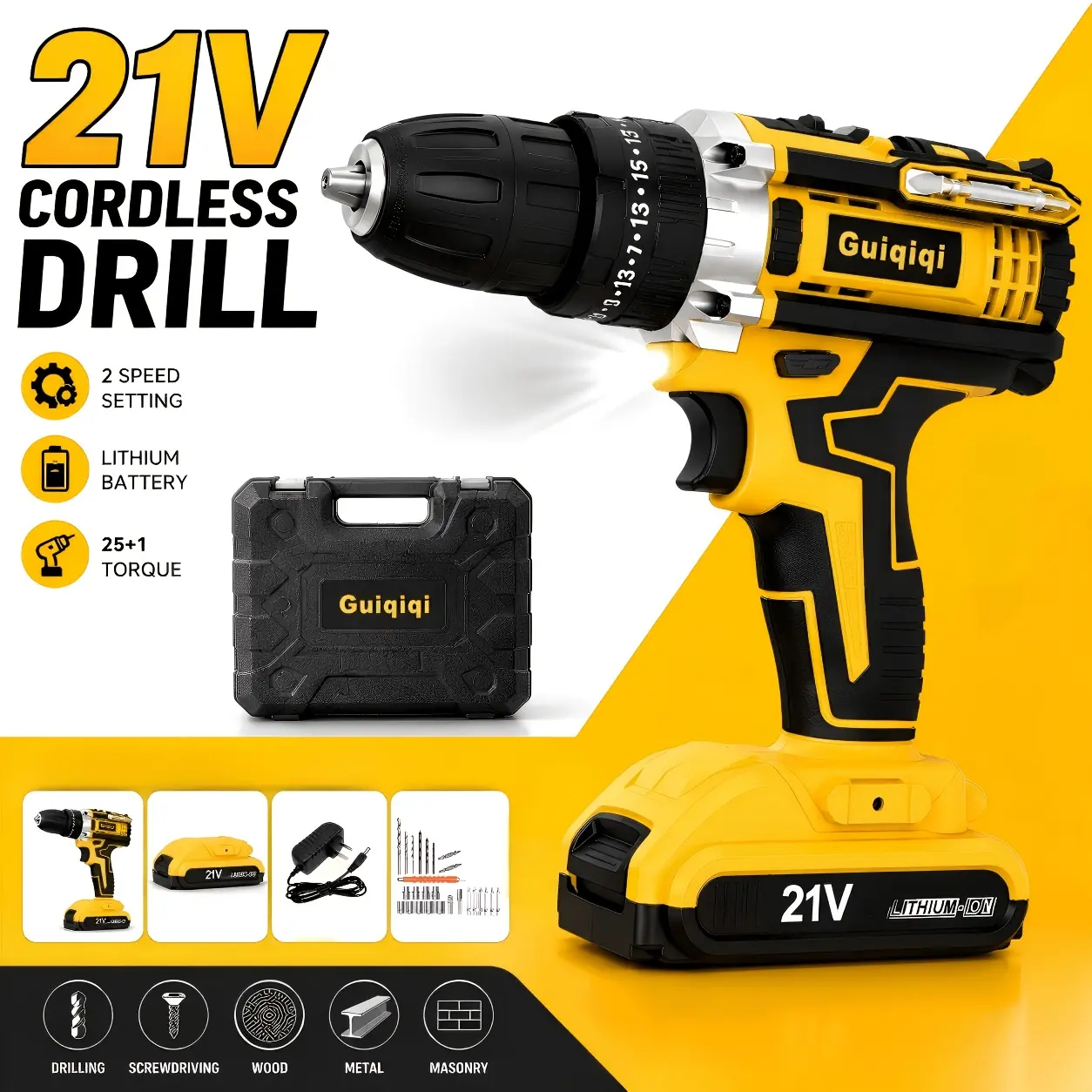 21V Cordless Impact Drill Kit With 18 Plus 1 Torque Settings 45Nm Max Torque Built In LED Light, 2-Speed Settings, Rechargeable Battery And Fast Charger Ideal For Home Renovation Woodworking Furniture Assembly Metal Drilling