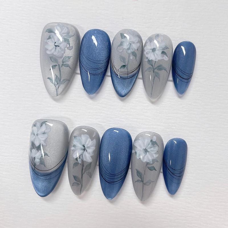 Ocean Blue Cat Eye White Floral Customized Press on Nails, Hand Painted Fake Nails, Colorful Nails, Artist Faux Nails, Reusable Premium Nail