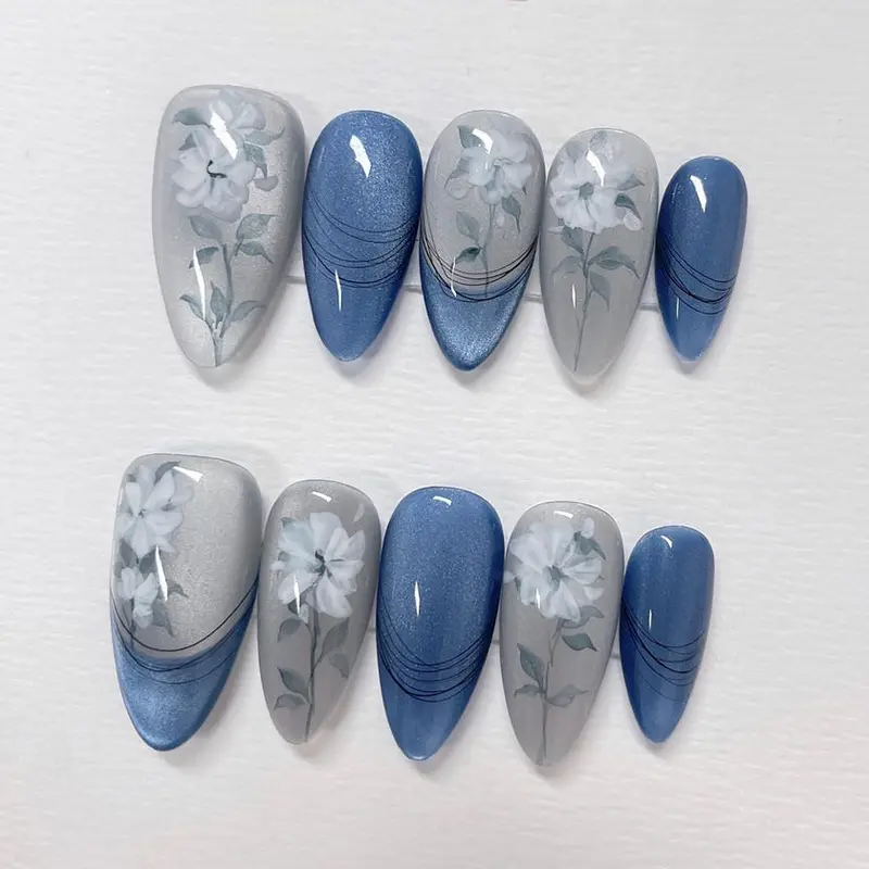 Ocean Blue Cat Eye White Floral Customized Press on Nails, Hand Painted Fake Nails, Colorful Nails, Artist Faux Nails, Reusable Premium Nail
