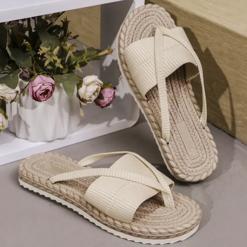 Women’s Open-Toe Flat Heels Thong-Strap Woven Slippers - Comfortable Soft Anti-Slip Soles, Lightweight Casual Flip Flops