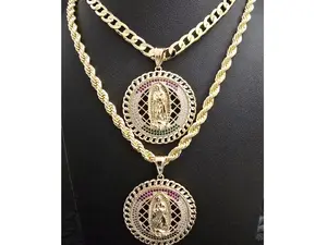 Virgencita Round Pendant Necklace 23 Inch Gold Plated Unisex Curb or Rope Link Chain with Colorful Stone Design for Daily Wear Religious Jewelry Gift