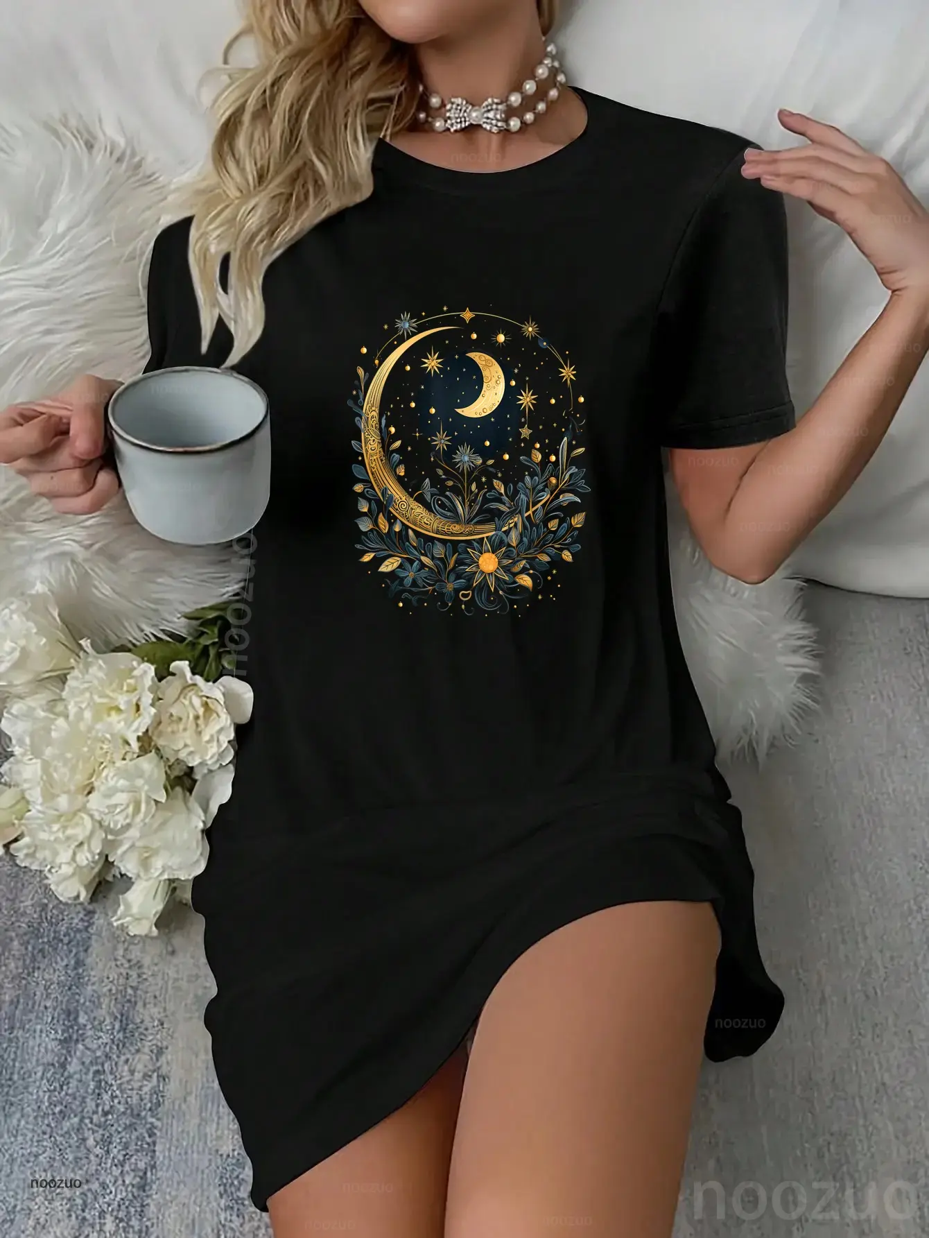 Women's Vintage Casual Graphic Nightdress - Mystic Sun and Moon, Flower-Printed, Aesthetic, Everyday Loungewear