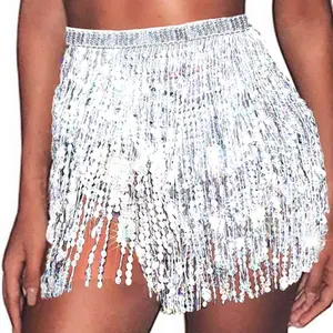 Boho Belly Skirt Sequins Belly Hip Scarf Tassel Fringe Skirt Rave Party Dance Performance Costume for Women and Girls Clothes Festival Lightweight Glitter Outfit Womenswear Elegant Polyester Shirts Wrap