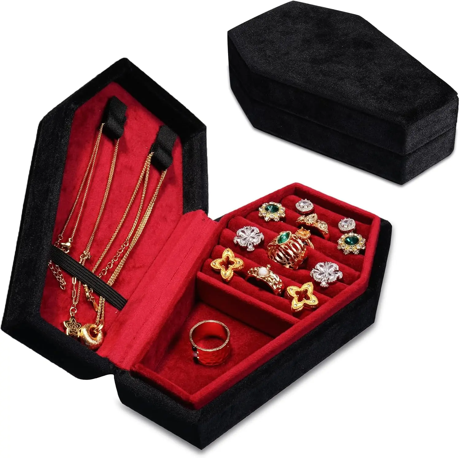 Jewelry Storage Box Velvet, Portable Jewelry Display Box, Gothic Coffin Jewelry Box for Women Plush Velvet Travel Jewelry Organizer Small Portable Case for Rings Earrings Necklaces Witchy Room Decor Spooky Gift Dark Academia Aesthetic Jewelry Holder
