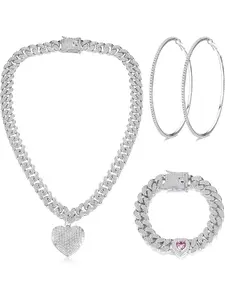 Cuban Link Chain Jewelry Set Cuban Chain Necklace Cuban Link Bracelet Rhinestone Hoop Earrings Gold/Silver Iced Out Chain Heart CZ Clear Cuban Link Chain Big Circle Earrings Hip Hop Cuban Link Chain For Women