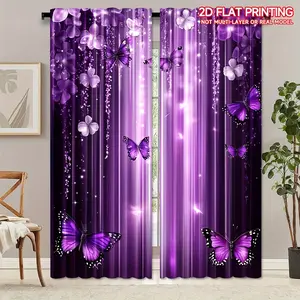 2-Piece set, 2D flat, purple dream butterfly and floral design printed curtains, purple gradual change background, translucent rod pocket design, suitable for bedroom living room office home decoration, art decoration, room holiday decor, Window Curtain