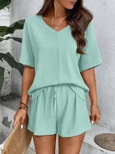 Women's Casual Loose Fit Short Sleeve Summer Top & Shorts Set, Outfits, Plain Design, Perfect for Daily Wear, Comfortable for Women