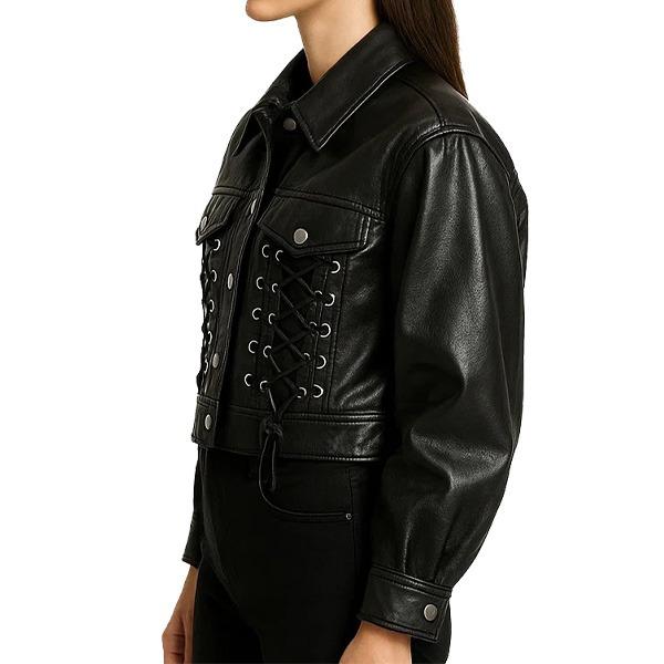 Women's Black Leather Lace-Up Corset Jacket – Cropped Moto Style with Snap Button Closure