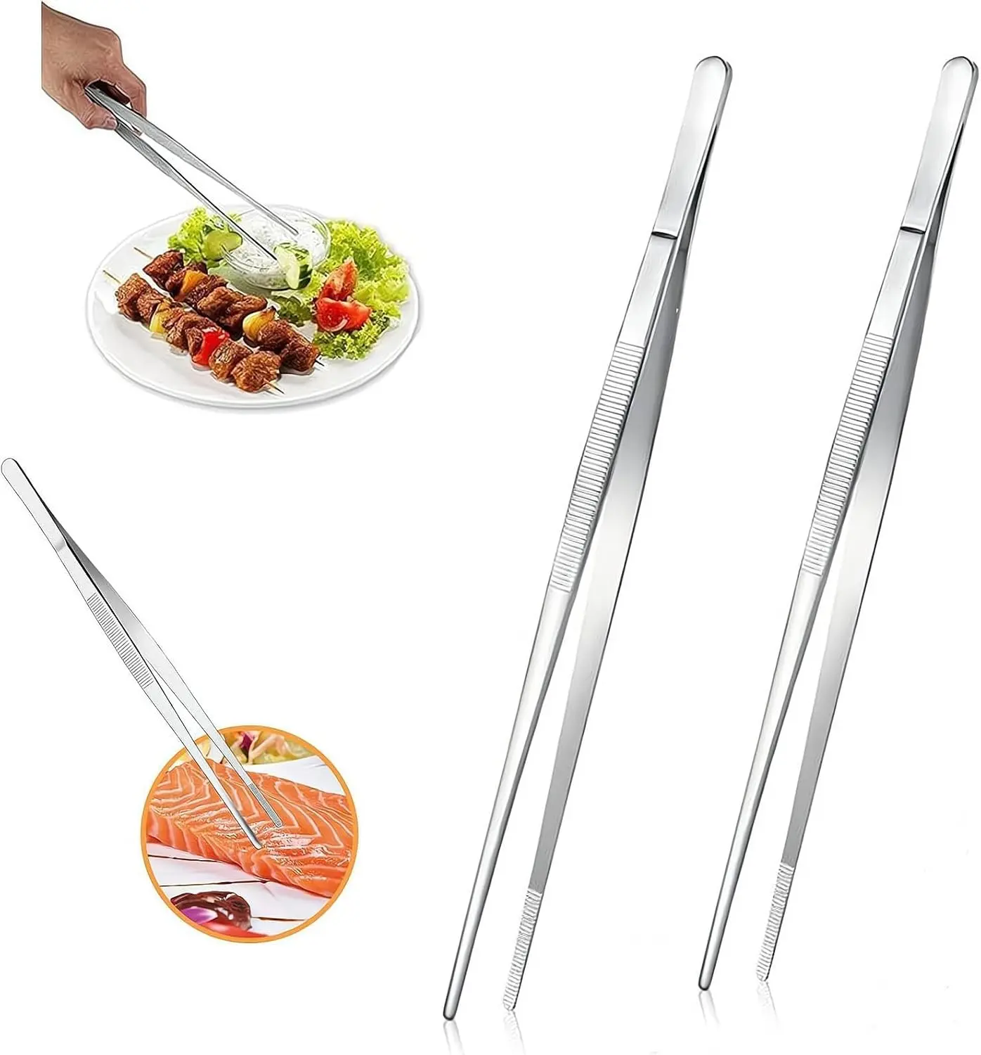 2 count Stainless Steel Kitchen Tweezers, 12-Inch Culinary Fine Tweezer Tongs  Tongs for Cooking Tongs with Precision Serrated Tips for Surgical & Sea  (12-Inch/2Pcs)