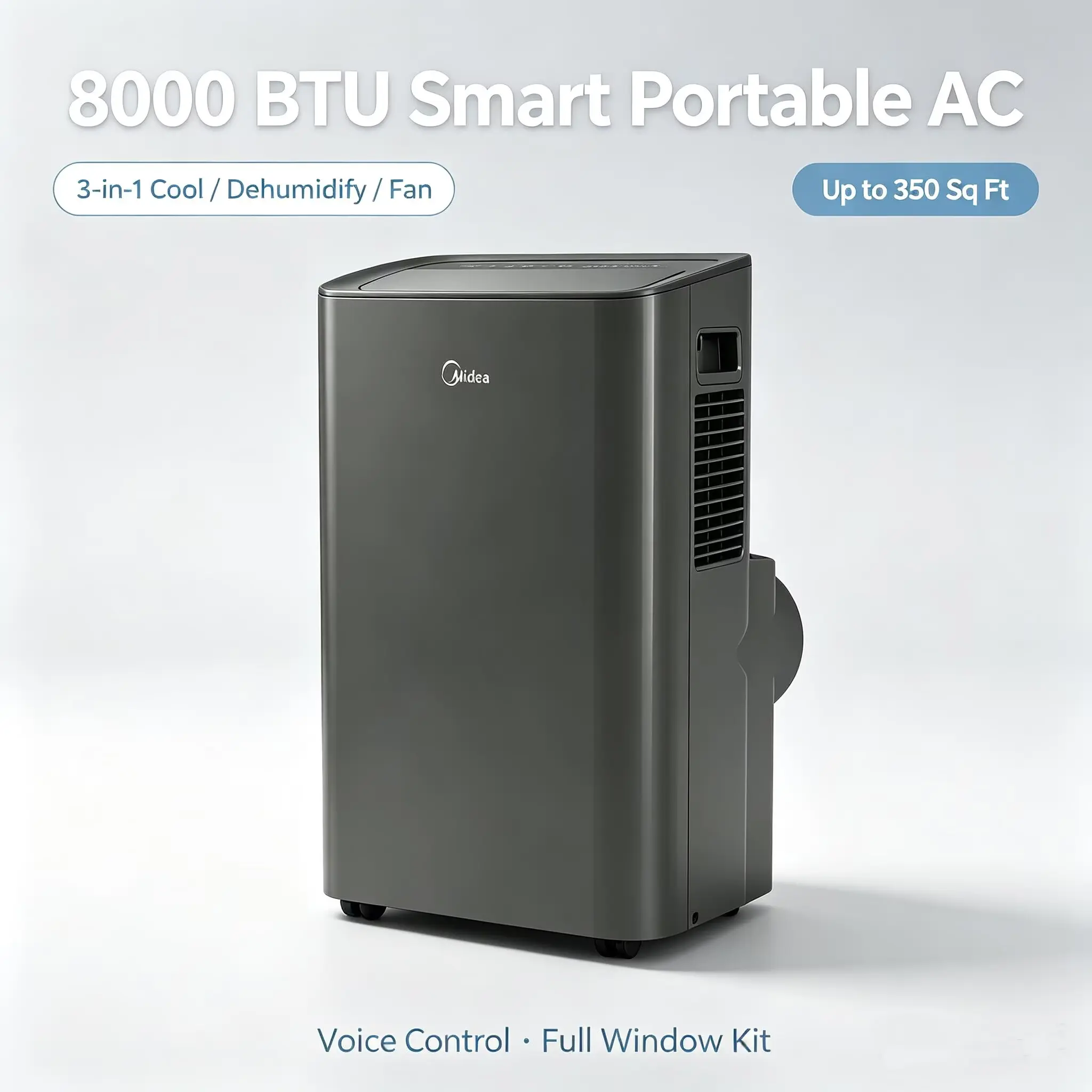 Midea 8000 BTU Smart Portable Air Conditioner - 3-in-1 Cooling, Dehumidifier, Fan, Voice Control, Alexa/Google/Siri Compatible, Matter Certified, for 350 Sq Ft Rooms, with Complete Window Installation Kit, Like New