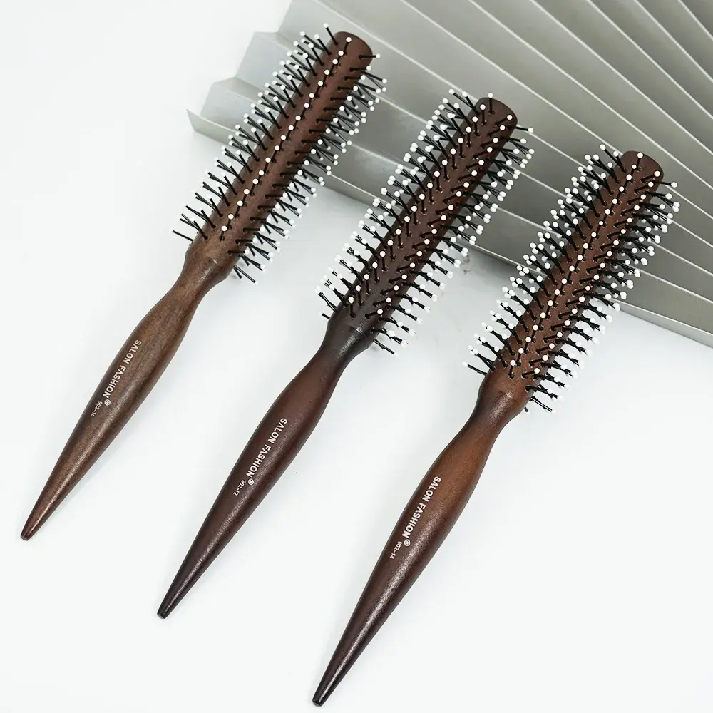 Natural Wood Handle round Barrel Hair Comb anti Static Brush Hair round Comb Styling Tools for Thin or Short Hair Men Women Use NONE
