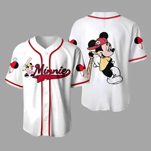 Mini Mouse Cartoon Jersey, Cartoon Character White Red Baseball Jersey Shirt, Cartoon Baseball Shirt, Cute Baseball Jersey Shirt