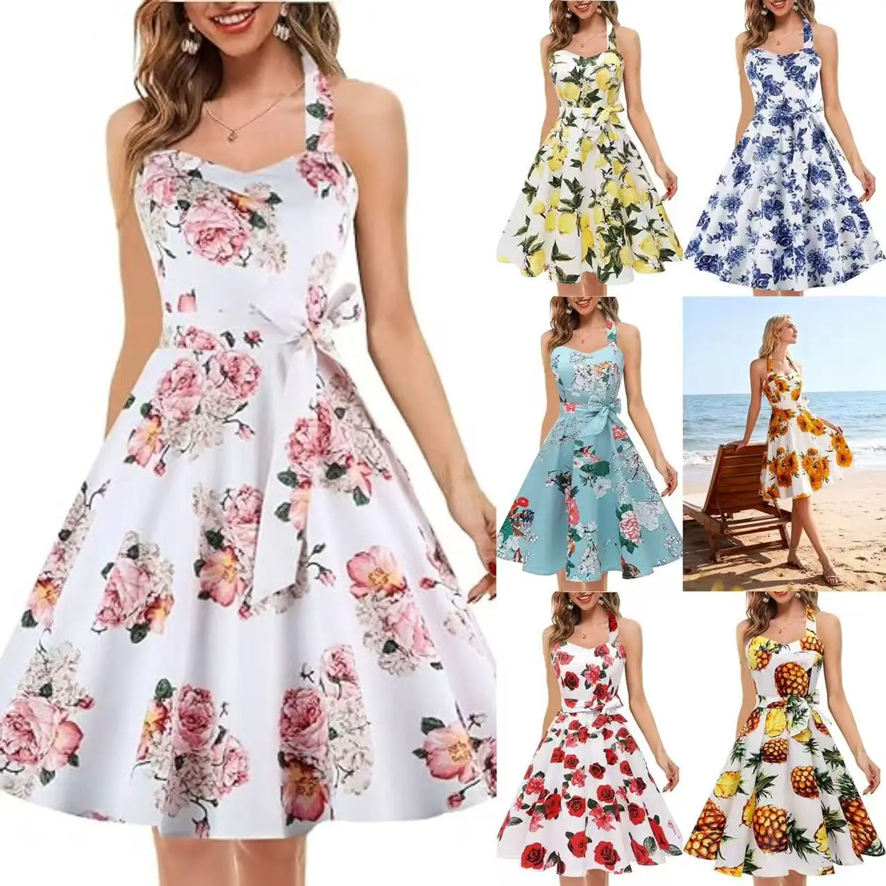 Women'sVintage Polka Audrey Dress 1950s Halter Retro Cocktail Dress