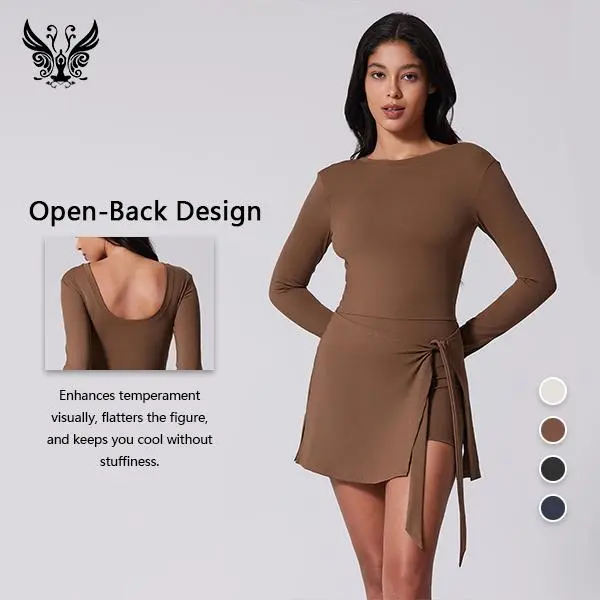YIzhen Women's Solid Color Mini Jumpsuit, Stretch Nylon Long-Sleeved Activewear with Open Back for Yoga and Gym Workouts, Solid Color Jumpsuits, Sportswear Jumpsuits