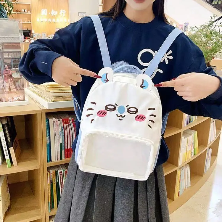 Cute Kawaii Mini Backpack with Clear PVC Pocket | Casual Daypack with Ear Accents | Lightweight Canvas Rucksack for Daily Essentials & Accessories