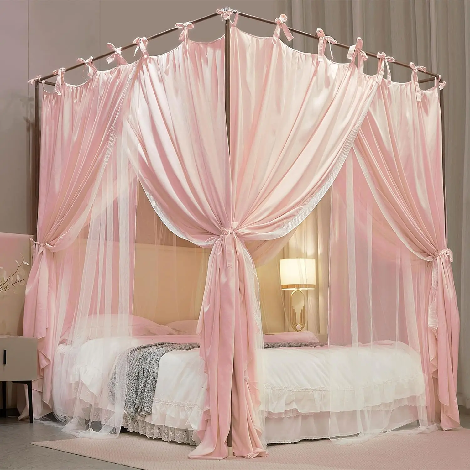 4 Corners  Princess Curtain Bed Canopy Double Layer Cozy Mosquito Net Mesh and Cloth for Girls Adults Bedroom Decoration (Double-Beigepink/White, 53" W*78" L*82"*H/(Full))