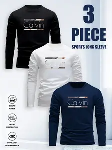 Men's three-piece set with long-sleeved shirt and round-neck casual T-shirt with letter pattern  Suitable for home, dates and outdoor activities
